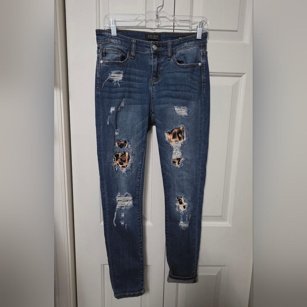 Judy Blue Leopard Patch Distressed Skinny Denim Jeans Size 5/27